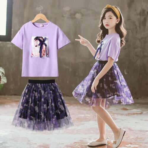 2020 summer Kids Girl Clothes Baby Short Sleeve T-shirts + floral mesh hot Skirts Children Teenager 4 5 6 7 8 9 10 11 12 years