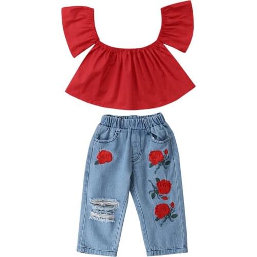 Kids Baby Girls Cropped Top T-shirt Rose Pants Floral Denim Pants Outfits Clothes
