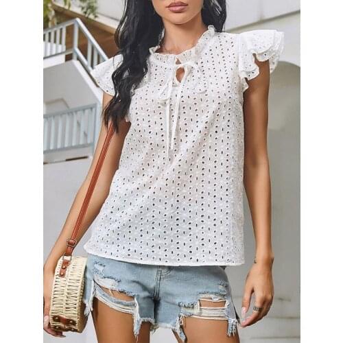 Elegant Women Hollow Out Blouse Butterfly Sleeve Sweet Casual Front Lace Up Solid Color Shirt