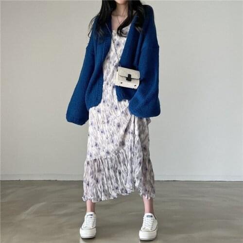 Women Cardigan Autumn Jumper Blue Casual Loose Korean Sweater Cardigans Long Solid Winter Coat Oversize Female Dropshipping