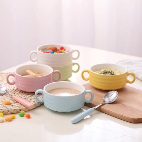 Ceramic Dual Handle Porringer Steamed Egg Baking Slow Cooker Single Childrens Creative Soup Bowl Dessert Salad Pudding Househol