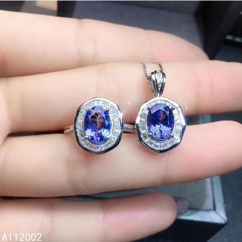 KJJEAXCMY fine jewelry natural Tanzanite 925 sterling silver women pendant necklace chain ring set support test beautiful