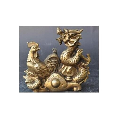 Copper Crafts Brass 6" Chinese Feng Shui Lucky Brass Wealth Zodiac Year Rooster Cock Dragon Statue