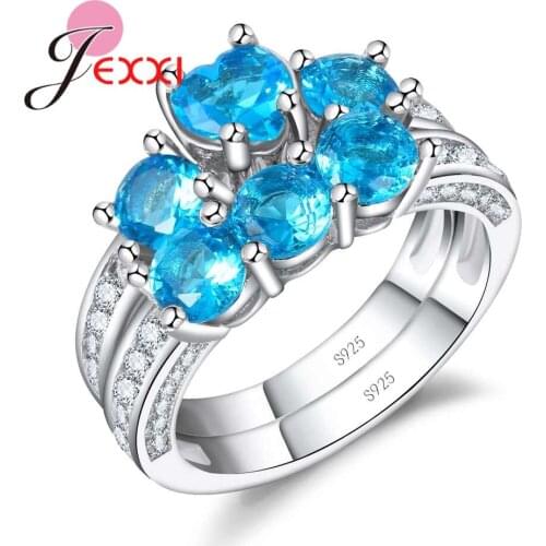 Fashion 925 Sterling Silver Blue Crystal Bridal Wedding Rings Set For Female Cubic Zircon Women Engagement Proposal Ring