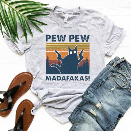 Pew Pew Madafakas T-Shirt Funny Cat Shooting Graphic Tee Vintage Sunset Shirts Cat Lover Gift