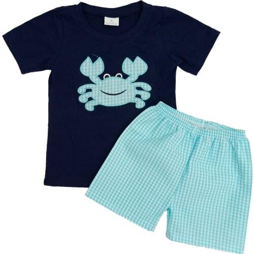 Holiday beach wear boutique baby outfit set Summer Boys Clothing Sets Embroidery Tops and Pants Boutique kids Clothes