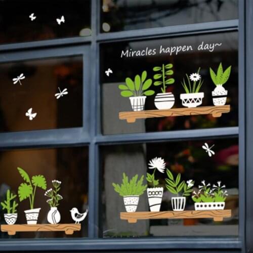 Plant Potted Shop Glass Door Cafe Decoration Wall Stickers Bath Glass Door Wall Sticker Home Decoration Art Decals wallpaper