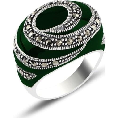 Silver 925 Sterling Enamel & Marcasite Ring