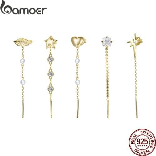 Bamoer 1PC Free Mix Earrings for Women 925 Sterling Silver Stud Jewelry with Chain Ear Piering Gold Color Jewelry SCE1089