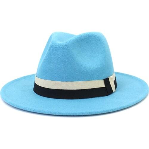 New Black And White Belt Wide Brim Fedora Hat Women Church Wedding Wool Felt Unisex Brirtsh Style Elegant Caps Fedora Hats