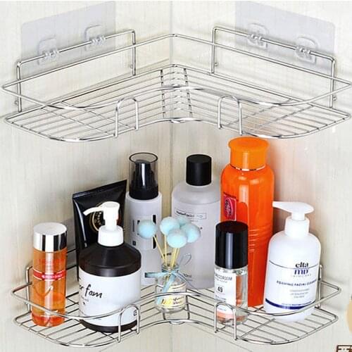 Stainless Steel Non Perforated Love Corner Rack Kitchen Bathroom Bedroom Storage Rack Thickened Tripod Storage Rack Shelf