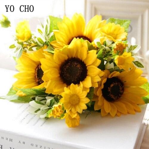 YO CHO Yellow Imitation Sunflower Branch Fake Sunflower Flore for Wedding Table Home Party New Year Decorative Artificial Flores