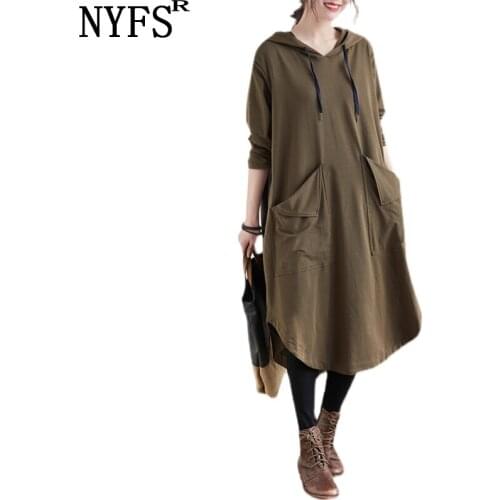 NYFS 2021 Spring Autumn Woma dress Long Sleeve Vintage Loose Big pocket Hooded Dress Vestidos Robe