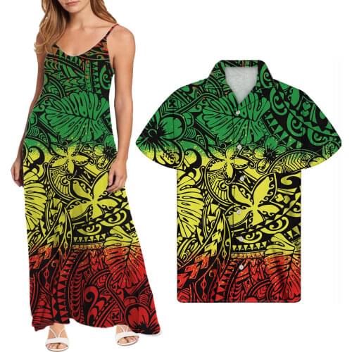 Hycool Wholesale Custom Gradient Polynesian Print Spaghetti Strap Maxi Beach Dress Women Summer Casual Halter Dress Match Shirts