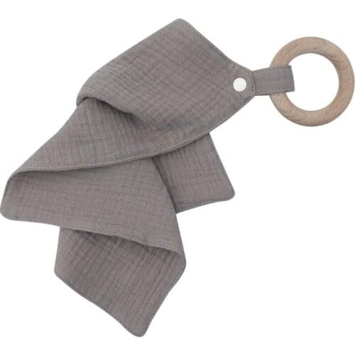 1pc Baby Saliva Towel with Wooden Teether Newborn Solid Color Snap Button Soft Absorbent Towel Burp Cloths