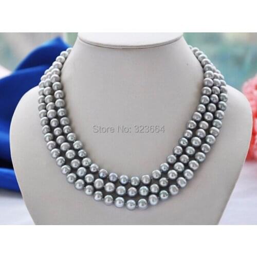 3row 17" 9mm gray round freshwater cultured pearl necklace