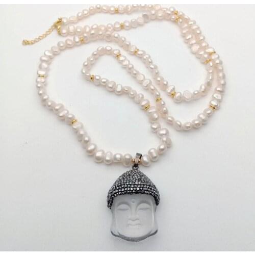 37" Cultured White Baroque freshwater Pearl Necklace Clear crystal Buddha Pendant religious style party for women