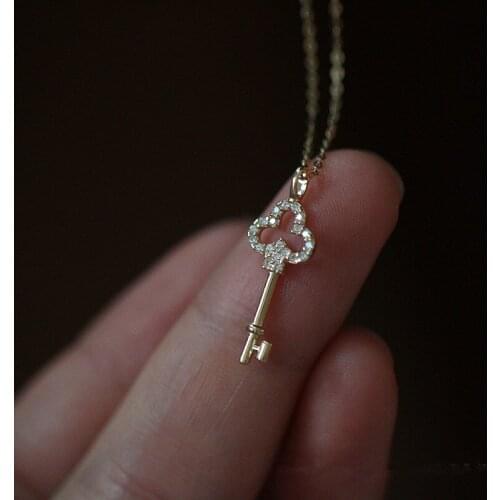 925 Sterling Silver Pavé Crystal Vintage Key Pendant 14k Gold Necklace Women Light Luxury Temperament Dress Jewelry Accessories