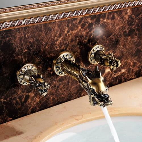 Free ship Antique brass dragon Design widespread bathroom Lavatory sink Faucet wall mounted