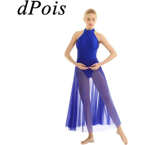 DPOIS Adults Women Ballet Dance Dress Contemporary Modern Mock Neck Gymnastics Leotard Ballerina Gym Bodysuit & Mesh Maxi Skirt