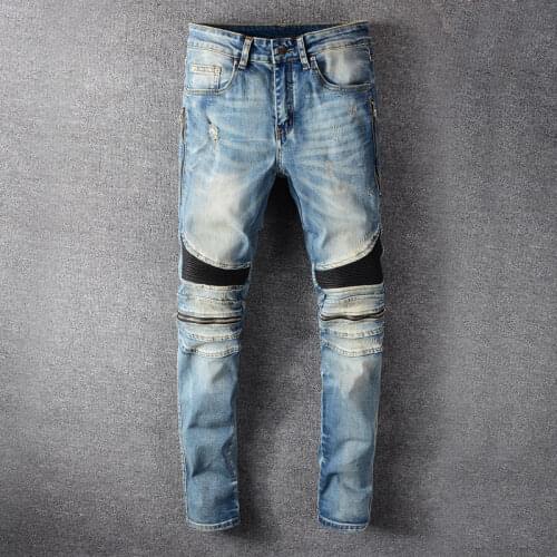 Fashion Streetwear Men Jeans Retro Blue Elastic Slim Fit Ripped Punk Trousers Patchwork Spliced Designer Hip Hop Biker Pants