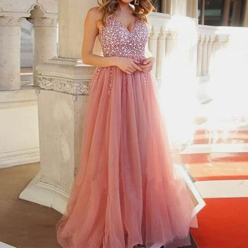 Elegant Evening Party Dress Women Fashion Women Casual V-Neck sleeveless Sequins Cross Party Long Dress Mesh Puff Tunic#G7