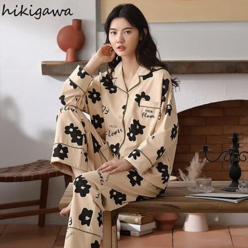 Hikigawa Cotton Cardigan Lapel Long-sleeve Trousers Pajama Sets Women Autumn Casual Loose Comfortable Home Service Sleepwear