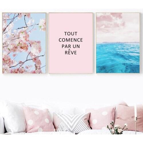 Blue Sea Landscape Leaves Pink Flowers Canvas Painting Nordic Posters And Prints Home Decor Wall Art Pictures For Living Room