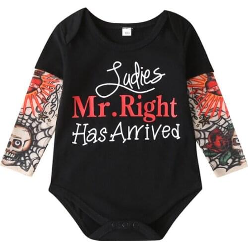 Newborn infant baby jumpsuit 0-24M Ladies Mr Right Has Arrived letter printed tattoo sleeve baby rompers
