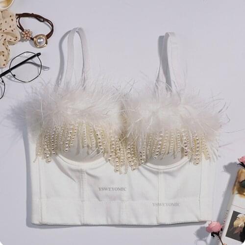 New Style 2021 Women Short Camisole Top Black White Feather Pearl Tassel Crop Top Bustier Bra Night Club Party Sexy Tank Tops