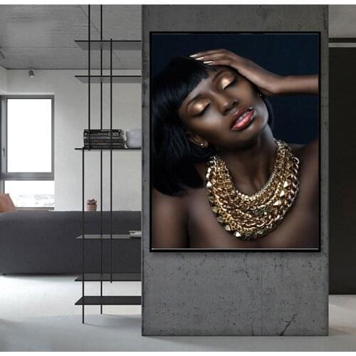 Nude African Woman Gold Girl Necklace Portrait Canvas Painting Posters and Prints Wall Art Pictures for Living Room Home Decor