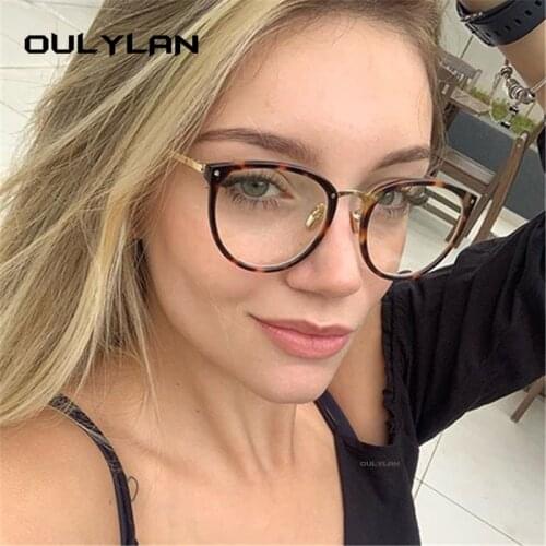 Oulylan Transparent Cat Eye Glasses Frames Women Fashionable Fake Eyeglasses Metal Optical Frame for Womens