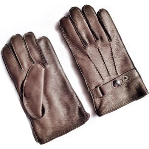 Mens Leather Gloves 2019 New Hot Sale Fashion Male Deerskin Genuine Leather Button Wrist Male Plus Velvet Warm Driving Gloves