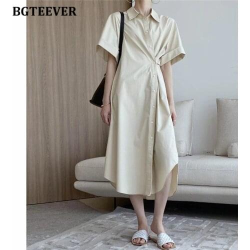 BGTEEVER Summer Chic Women Solid Shirt Dress Casual Lapel Short Sleeve Single-breasted Slim Waist Female A-line Dress 2021