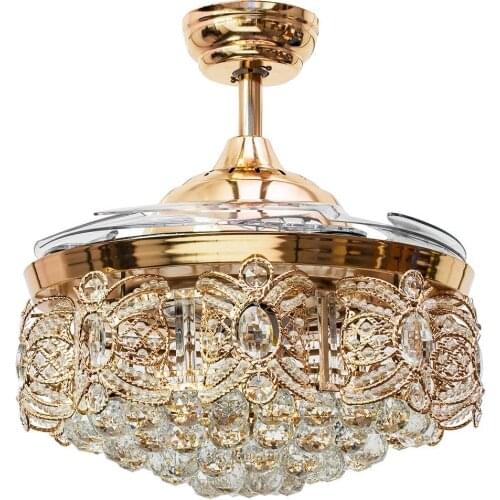 42 Inch Invisible Crystal Ceiling Fan with LED Light and Remote, 4 Retractable ABS Blades Fan Chandelier for Bedroom Diningroom