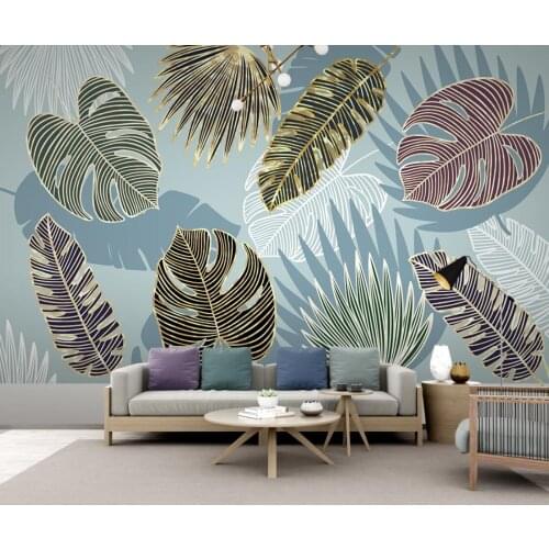 Simple tropical plant leaf mural shimmering gold leaf TV sofa background wall photos custom mural home decoration 3d wallpaper