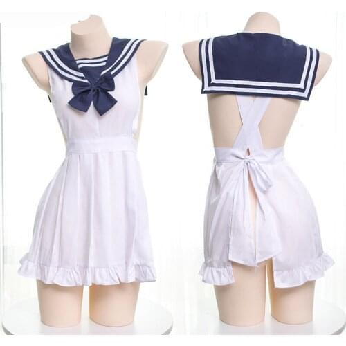 Sexy Sailor suit Apron Japanese Cute Backless Pajamas Sets Young Girl Bowknot Maid Apron Ruffle Bandage Sweet Nightdress Cosplay