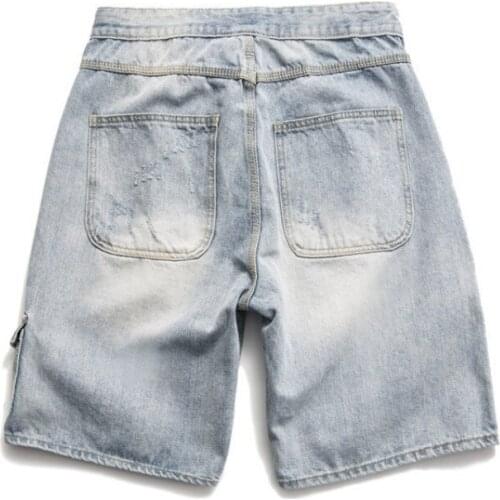 Mens Cargo Shorts Summer Vintage Light Blue Loose Fit Knee Length Trousers Sashes Straight Jeans Casual Denim Shorts Streetwear