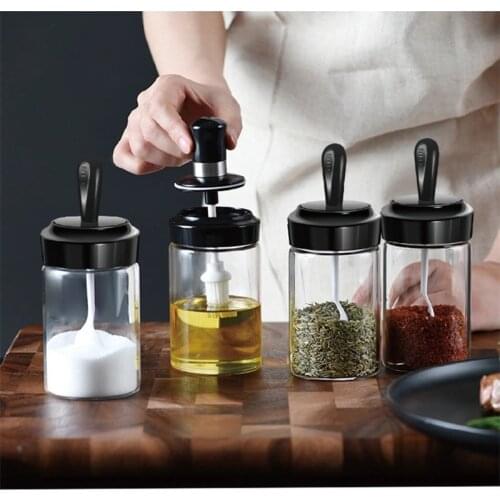 BOUSSAC 4Pc/set Glass Seasoning Kitchen Spice Kit Bottles Pepper Spoon Seasoning Jars Oil Brush Honey Container Food Set Storage