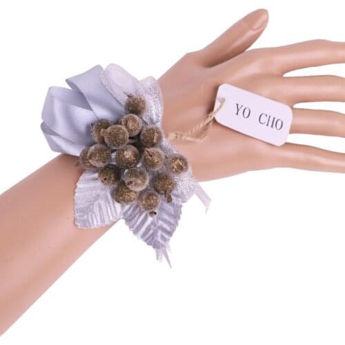 YO CHO Fashion Creative Wedding Decoration Artificial Wrist Hand Flower Little Fruit With Purple Leaf Bridesmaid Hand Flower