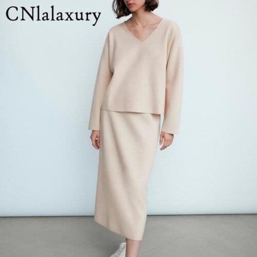 CNlalaxury England Fashion Simple Solid V-neck Loose Sweaters Women Pullovers Pockets High Waist Knitted Midi Skirts Women Sets