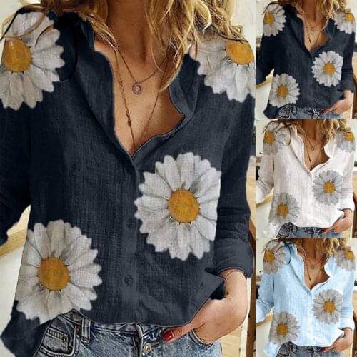 Linen print Fashion 2021 Women Shirt Fashion Womens Loose Buttons Printing Lapel Long Sleeves Blouse Turn-Down Collar