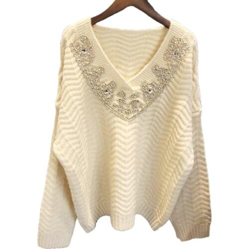 Women handmade sequin beading long sleeve pullover sweater spring sexy V neck ladies knit top