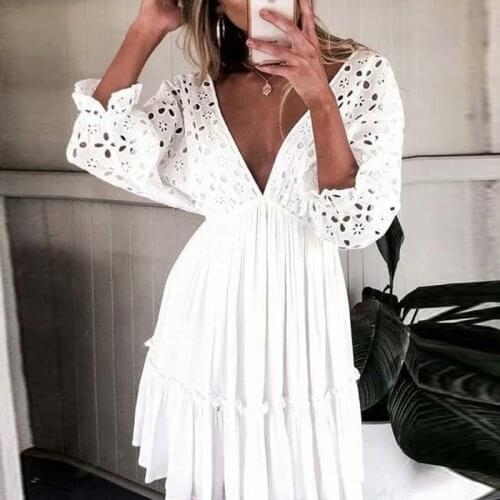 TEELYNN Sexy Backless deep v neck Mini Dress Women 2020 Summer Embroidery Cotton White Lace Dresses Short Tunic Beach vestidos