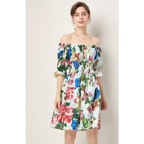 Runway Puff Sleeve Rose Floral Print Summer Dress Women Off Shoulder Exquisite petal Buttons Elastic Waist Boho Beach Dress