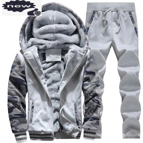 Winter Fleece Lining Warm Mens Suits Hooded Coat Fashion Printed Male Tracksuit Casual Thick Outwear Clothing Jacket+Pants Sets