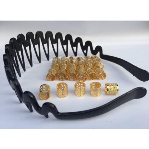 50pcs+Free 3pcs Gold Plated Hair Braid Cuff Clip Flower Pattern Dreacklock Beads Adjustable Bead Tube Clip 10x10mm