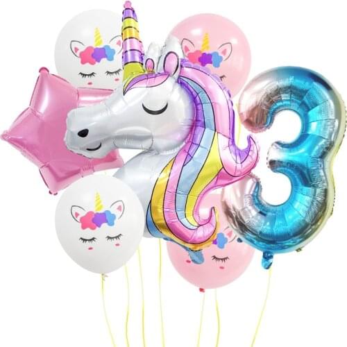 7pcs Rainbow Unicorn Party Balloons Birthday Party Decorations Balloons Number Foil Helium Balloons Baby Shower Globos