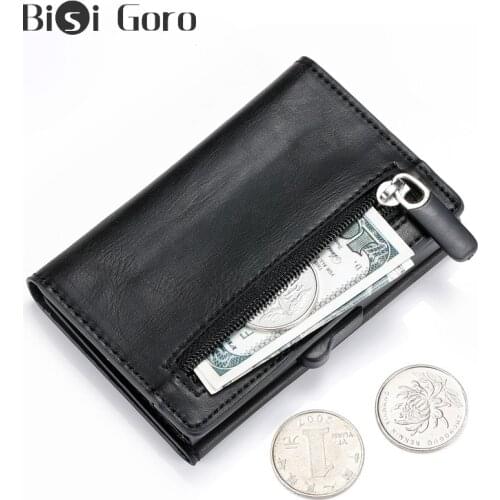 BISI GORO Men Aluminum Slim PU Leather Wallet Coin Purse Holder RFID Blocking Mini Metal Wallet Automatic Pop UP ID Card Holder
