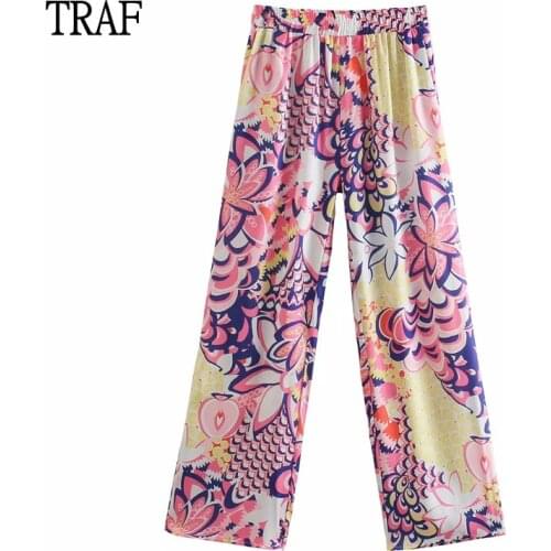TRAF Za Women Pants Summer Womens Clothing 2021 Y2k Pants Elastic Waist High-Waisted Wide Leg Pant Chic Loose Woman Trousers